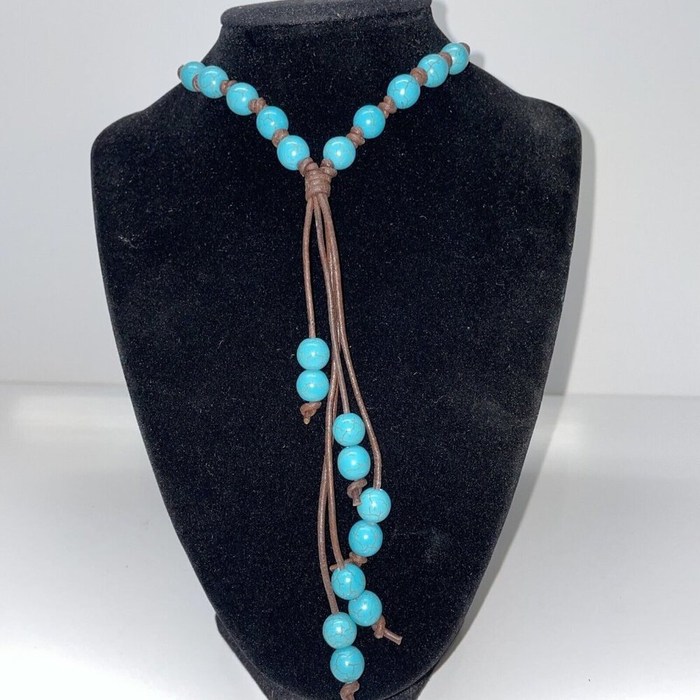 Brown Leather Cord Faux Turquoise Beaded Tassel Necklace Southwestern SL30